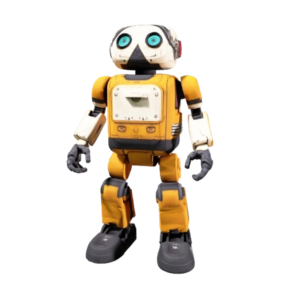 Retexture the robot as a retro space courier. Warm mustard-yellow enamel body panels, cream-colored head and cargo hatch, dark graphite rubber joints, brushed aluminum trim, and turquoise glass eyes. Subtle chipped paint along exposed edges and light wear around the cargo hatch. Clear material boundaries, believable roughness, charming industrial finish. No text or logos.