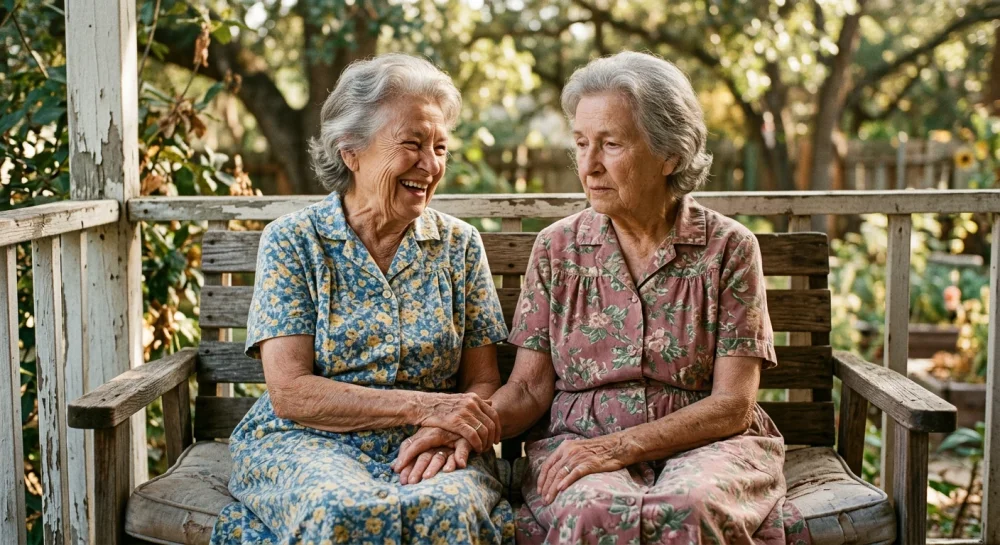 Elderly twin sisters sitting side by side on a weathered porch, different expressions — one laughing, one lost in memory, hands intertwined, wearing faded floral dresses, afternoon light through oak trees dappling across their faces, 35mm film grain, tender and melancholic
