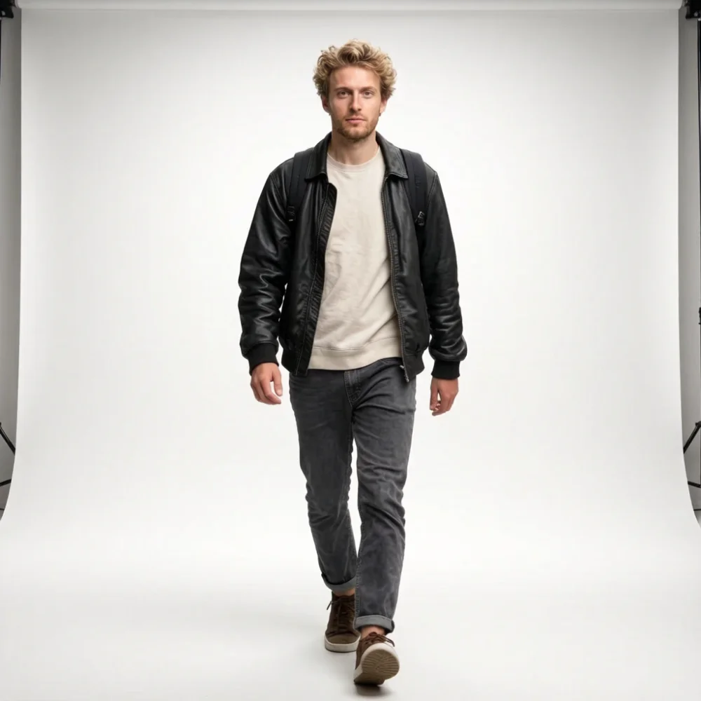 Change the background to a sleek, professional photography studio with clean white walls, and the man is looking at the camera.