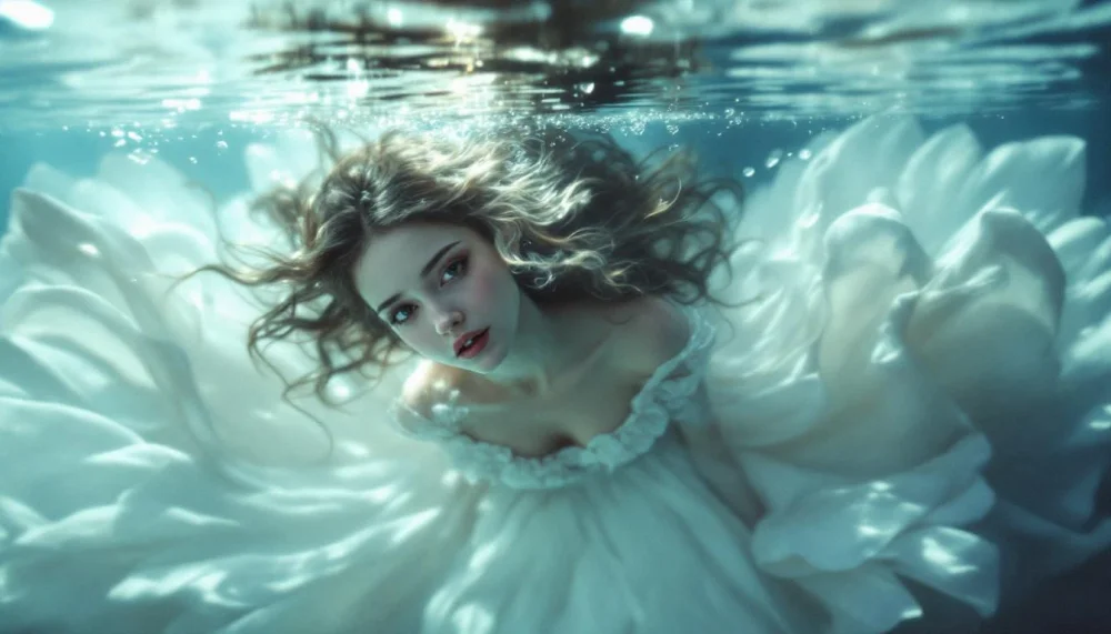 A surreal and dreamlike scene of a girl suspended just beneath the surface of still water, her white dress flowing around her like petals. Soft light filters from above, illuminating her serene expression. The composition feels ethereal, quiet, and almost mythical.
