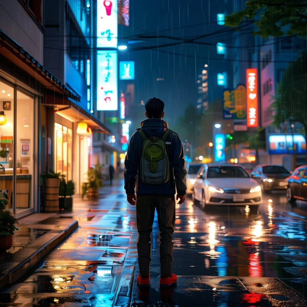Convert to Japanese anime style with vivid colors, exaggerated lighting, and stylized raindrops