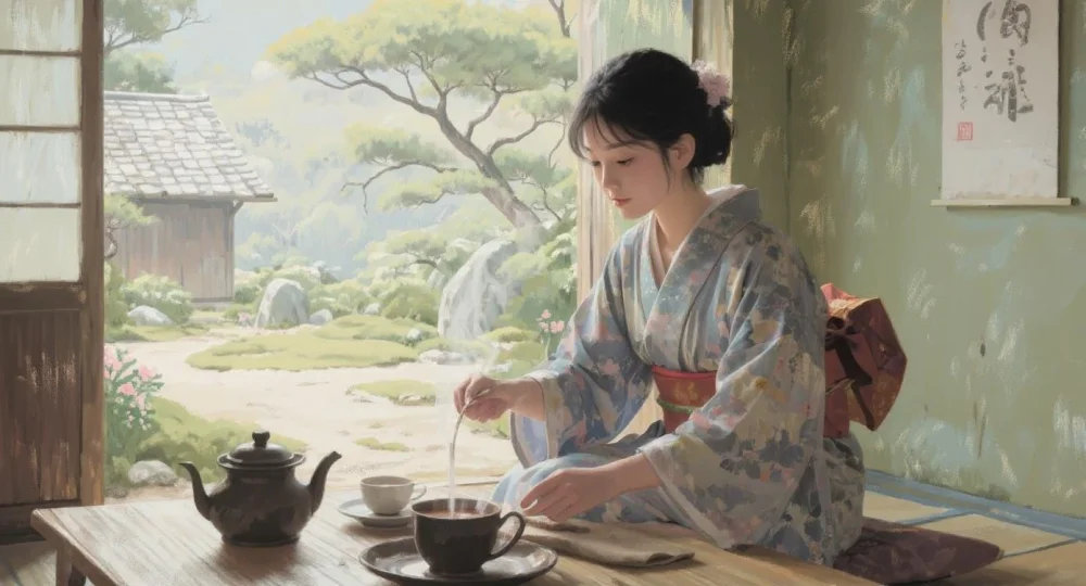 A woman is brewing tea