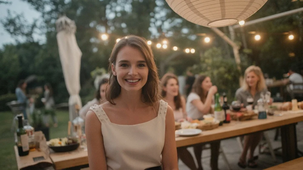 A group of four women are seated around a wooden picnic table outdoors at a backyard gathering. The woman in the foreground, light-skinned and young adult, has shoulder-length light brown hair and a friendly, smiling expression. She's wearing a white, sleeveless top with small, pearl-like embellishments on the shoulders.  The background shows several people in light-colored clothing, and a long wooden table with wine bottles, glasses, candles, and food on it. The setting is a backyard at twilight, with trees and a string of outdoor lights creating a warm ambiance.  A large white paper lantern hangs above the gathering. The composition is casual, focusing on the smiling woman seated at the table.  The perspective is from slightly above and a bit to the left of the woman's position. The lighting is soft, warm, and ambient, highlighting the faces and creating a welcoming atmosphere.  Colors are muted and natural tones with pops of light from the candles and lights.  The overall style is casual and social, evoking a friendly backyard dinner party.
