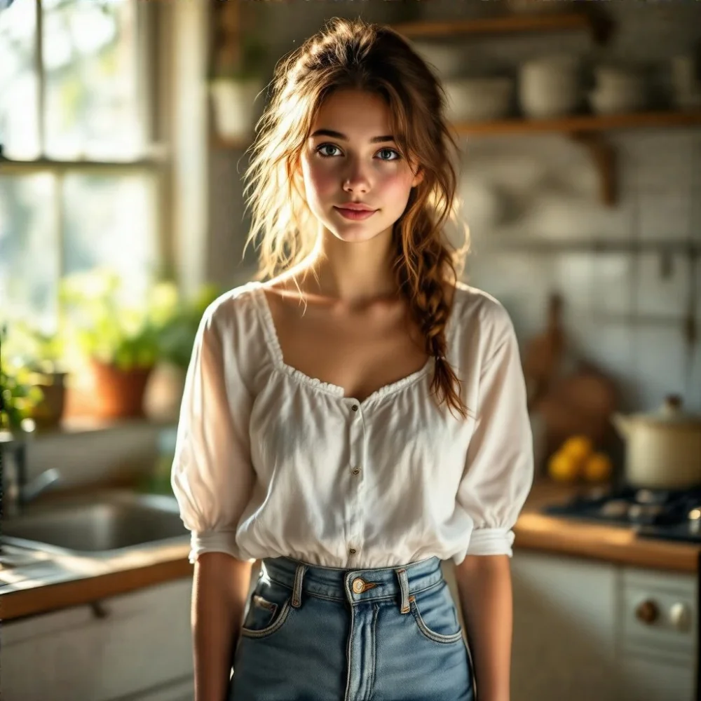 A young woman in a white blouse and denim skirt standing in a sunlit kitchen, soft morning light, photorealistic, Canon lens depth of field, warm tones