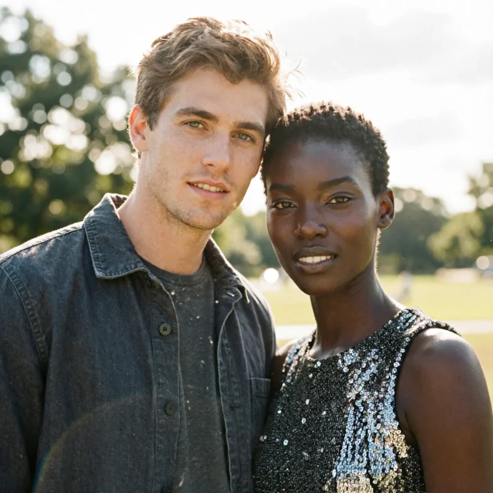 STYLE: Emphasize photographic qualities like camera settings, depth of field, and lighting.  
A candid, high-resolution group photo captured with a wide-angle lens, shallow depth of field, and natural ambient lighting. The individuals in Figure 1 and Figure 2 are positioned in a tight, casual formation, smiling slightly or looking toward the camera with relaxed expressions. Their clothing and background suggest a real-world, outdoor setting with soft bokeh and diffused daylight. The composition is centered, with natural depth of field emphasizing the group while blurring the periphery. Shot on film simulation with subtle grain, warm color grading, and realistic lens distortion to enhance authenticity.