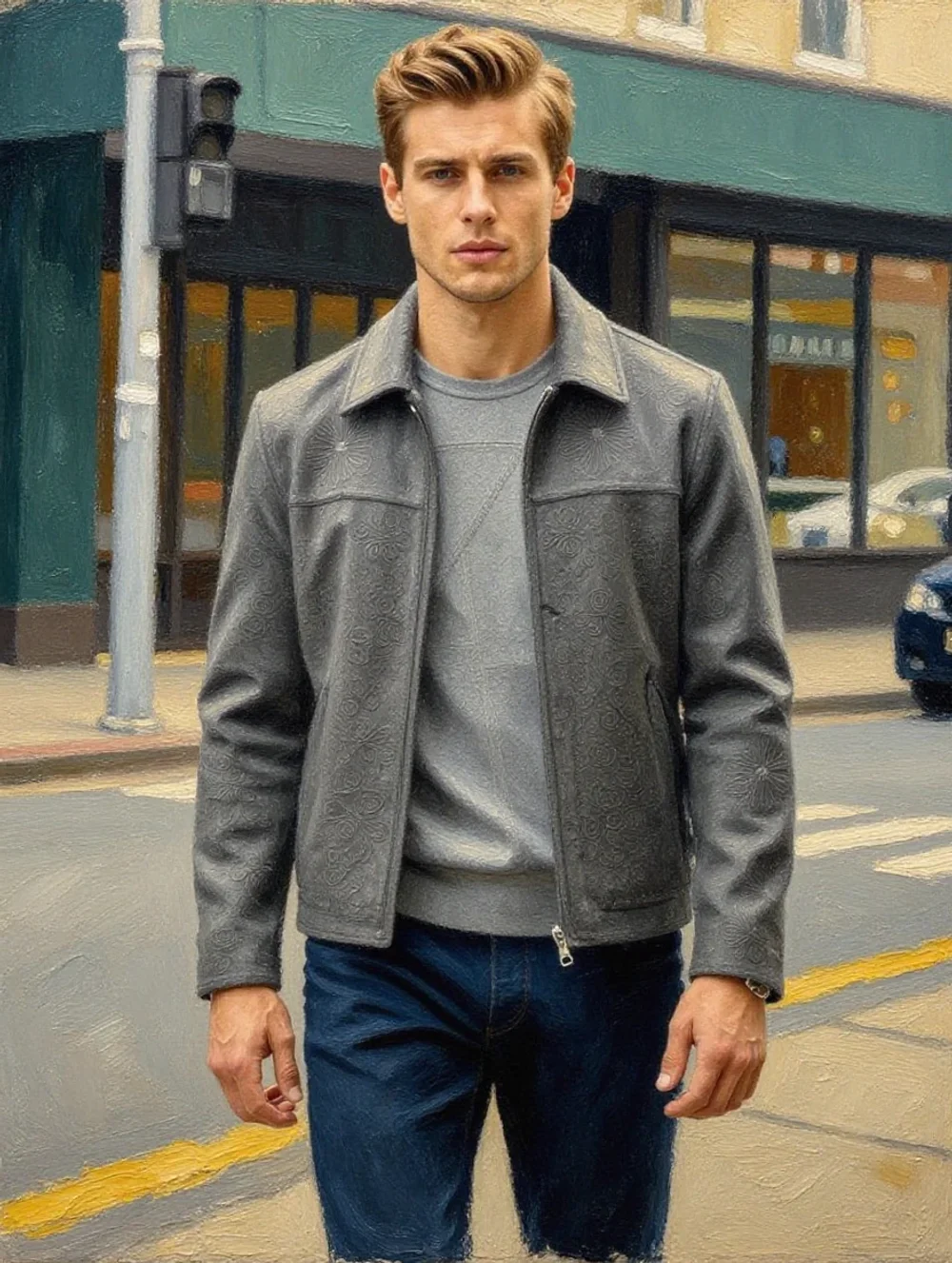 A young man with swept-back golden hair and angular jawline striding through a moody metropolitan street, wearing an intricately patterned gray suede jacket over a tonal gray top and dark trousers, painted in a contemporary hyperrealistic oil painting style with visible brushstrokes on the clothing texture and background architecture while maintaining photographic precision on the face and hair, the embossed floral pattern on the jacket rendered with thick impasto technique adding three-dimensional texture, background dissolving into impressionistic smears of urban gray and muted green suggesting storefronts and vehicles, warm undertone in the skin against the cool gray palette of the wardrobe, dramatic gallery-worthy portrait composition, inspired by the figurative realism of Jeremy Mann and Casey Baugh, museum-quality fine art