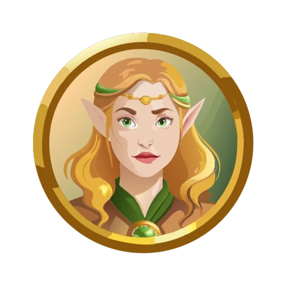 Oil-painted round icon of a forest elf girl, golden border, painterly brushwork, fantasy RPG UI design, decorative look