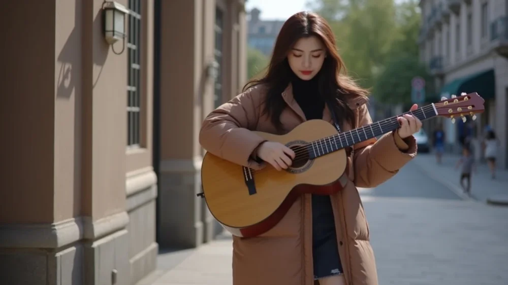 A girl is playing a guitar in street
