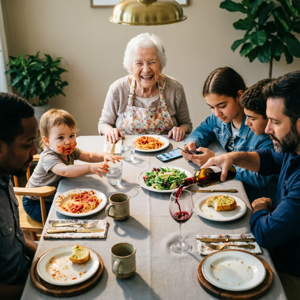 A rectangular dinner table shot from above at 45 degrees. Seated around it are 8 people of different ethnicities, ages, and body types. The elderly American grandmother at the head is mid-laugh with her eyes squeezed shut. The toddler in a high chair to her left has spaghetti smeared across both cheeks and is reaching with both hands toward a glass of water. A teenage girl across the table is secretly showing her phone screen to the boy next to her under the table — their hands and the phone visible beneath the tablecloth. A bearded man is pouring wine, the liquid caught mid-pour in a perfect arc. Each person casts correct shadows from the overhead pendant lamp. The table has 8 distinct place settings with different amounts of food remaining on each plate.