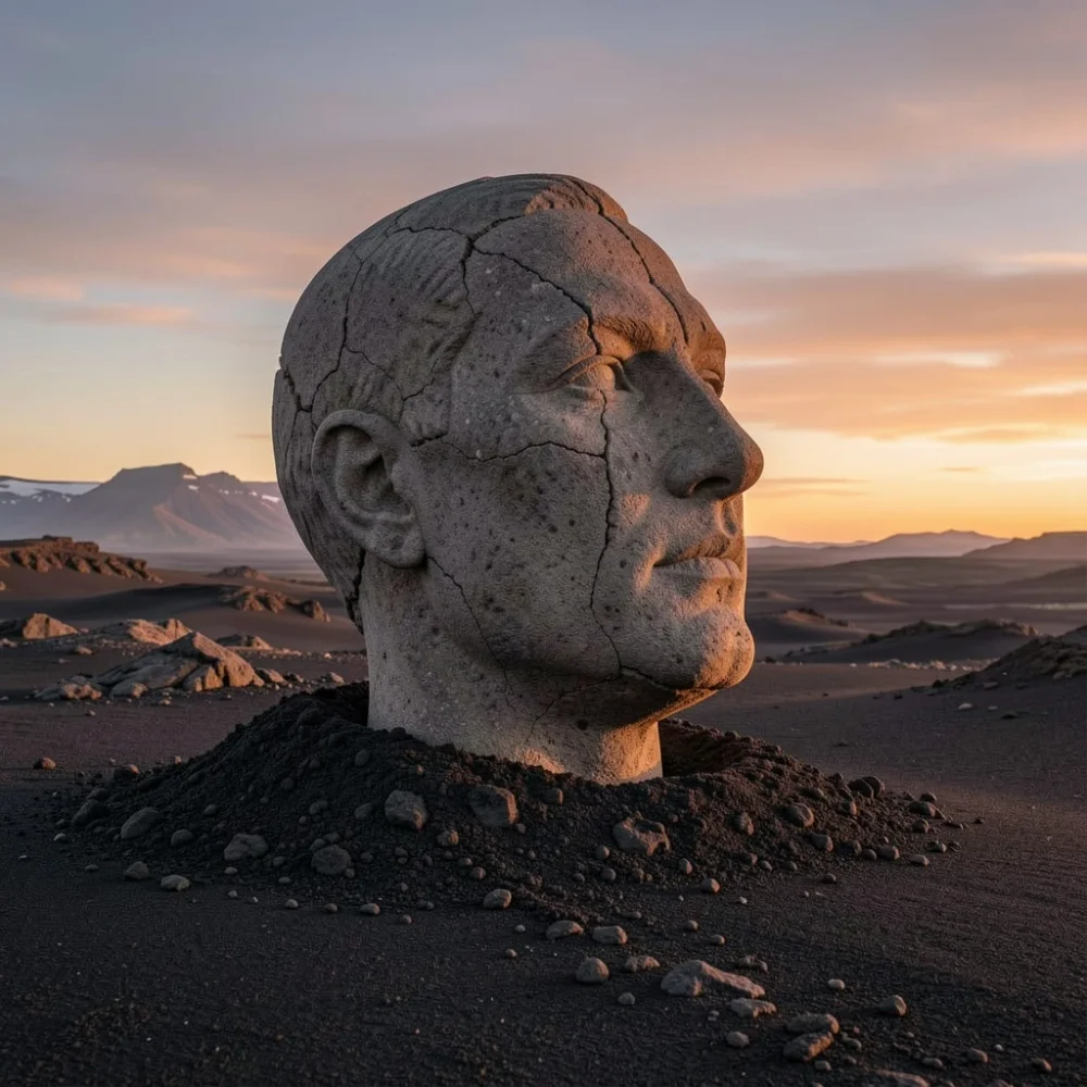 head made of stone of the big art deco sculpture buried in half in icelandic ash on the black desert, late sunset light, intrinsic, photorealistic 