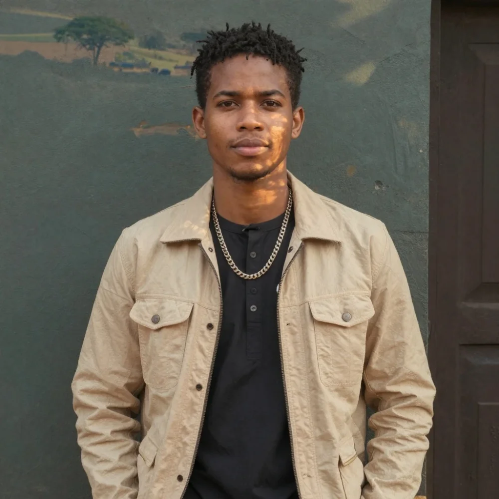 A young African man stands tall and confident, captured in a natural outdoor setting with warm, golden-hour lighting that casts soft shadows across his skin. He wears traditional attire with intricate patterns, modest in design, reflecting cultural heritage. His expression is calm and thoughtful, eyes gazing slightly off-camera as if lost in thought. The background is softly blurred with shallow depth of field, emphasizing his presence while hinting at a rural landscape—trees, earthy tones, and distant hills. Shot in realistic, high-resolution photographic style with natural depth of field and cinematic lighting, evoking authenticity and emotional depth. Medium shot, eye-level perspective, capturing both his posture and the environment with photographic realism.