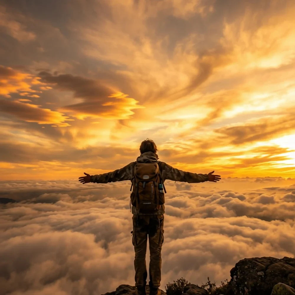 Change the background sky to a golden sunset and add soft clouds. Keep the main subject completely unchanged (face, clothes, pose, outline, details). Maintain the original light direction and shadows to achieve a natural, realistic, and highly detailed image.