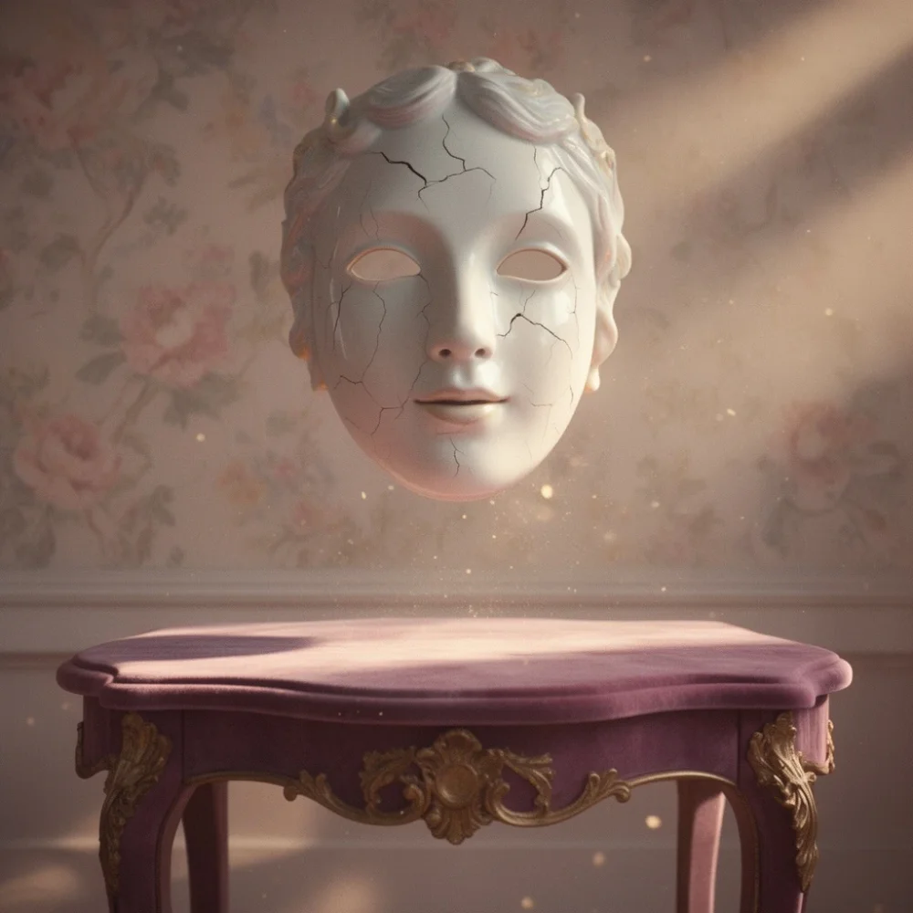 A colossal porcelain mask suspended above a velvet baroque table, soft pastel dreamcore lighting, floating dust particles, DV film softness, faint golden glow, vintage floral wallpaper, surreal quiet atmosphere, intricate porcelain cracks, shadows gently swaying, cinematic 16:9 composition, highly detailed, clean edges.