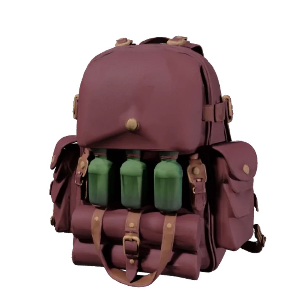 Retexture this backpack with aged burgundy leather, dark brown straps, antique brass buckles, and a charcoal wool blanket. Give the three potion bottles distinct emerald-green, amber, and deep-violet glass finishes. Add subtle leather creases, worn edges, and restrained brass patina. Rich handcrafted fantasy materials with clean separation between leather, metal, cloth, and glass. No symbols or lettering.