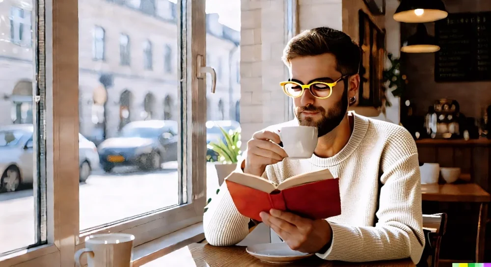 for a light gray sweater and gold thin-rimmed glasses.