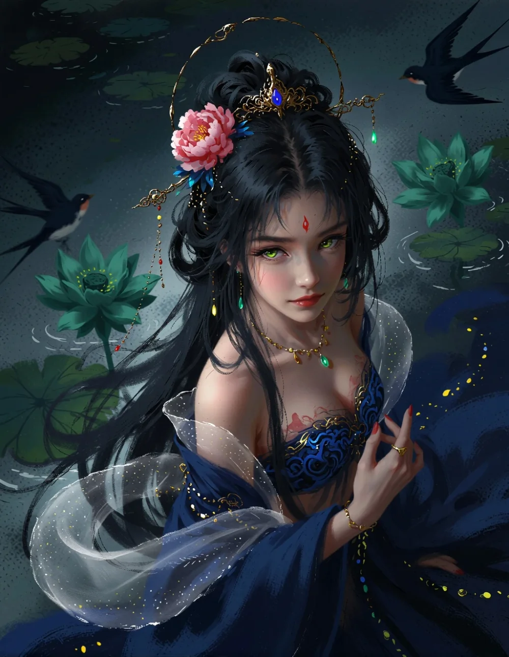 "Image Type": "Illustration", Gufeng (Ancient Chinese style), hand-drawn, ink wash diffusion, high quality, delicate texture, diffuse gradient, storytelling, diffuse reflection, storytelling, stream of consciousness, rice paper texture, embellished with light gauze and light spots, layered, flowing ultra-long hair, gorgeous accessories and intricate complex clothing textures, peony flower demon (yaoguai), beautiful woman, exotic, extremely beautiful, beautiful and bewitching, messy hair strands, long hair, Liaozhai (Strange Tales from a Chinese Studio), Chinese supernatural gothic, dark, entwining, dark, wicked smile, horror, (Green lotus and water often meet mountains and rivers, orioles sing and swallows talk, deep feelings connect you and I also), exquisite details, deep blue color palette, accented with yellow, red dots, and green, extreme details, hand-drawn illustration, flat illustration, stream of consciousness, hazy, psychedelic, lonely world, close-up, color graffiti, particle texture, x showcase story and style, image outline extraction, dreamy style, soft light, diffuse gradient, faint light in the dark, layered, gouache, depth and dreamlike effect, obvious frosted grain texture, heavy bold color block brushstrokes, vivid colors, high contrast (chiaroscuro), glowing halo, elegant/high-class feel, high-angle view, overhead shot, visual impact, dynamic, stunning, HD details.