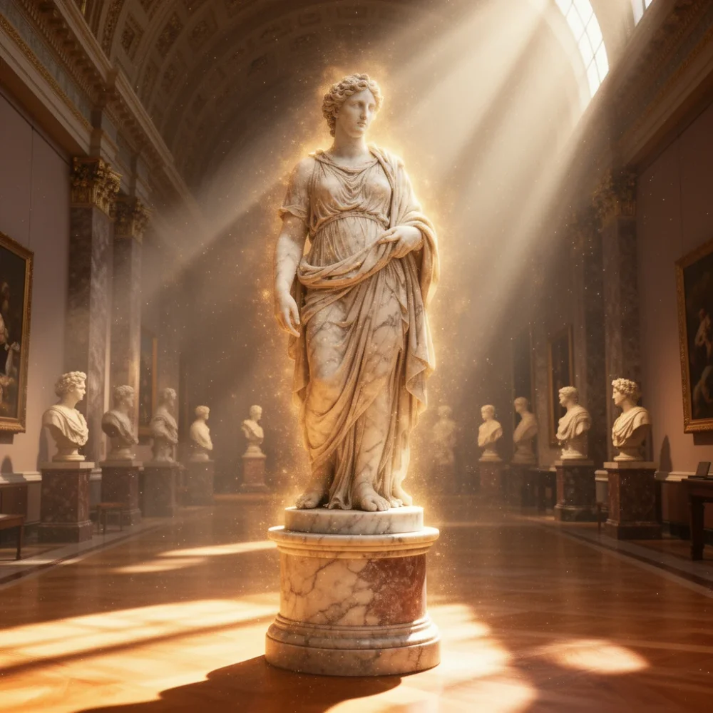 Transform this image into a divine surreal Renaissance-inspired scene while keeping the original statue and museum structure unchanged. 
Enhance the lighting with warm celestial rays, soft volumetric beams, and floating dust particles for a sacred atmosphere. 
Introduce subtle ethereal glow around the marble surface, enriching texture without altering the sculpture’s form. 
Deepen shadows and add gentle atmospheric haze to create a timeless, mystical mood. 
Overall style: divine surrealism, sacred Renaissance ambience, warm dramatic light, ethereal museum atmosphere.
