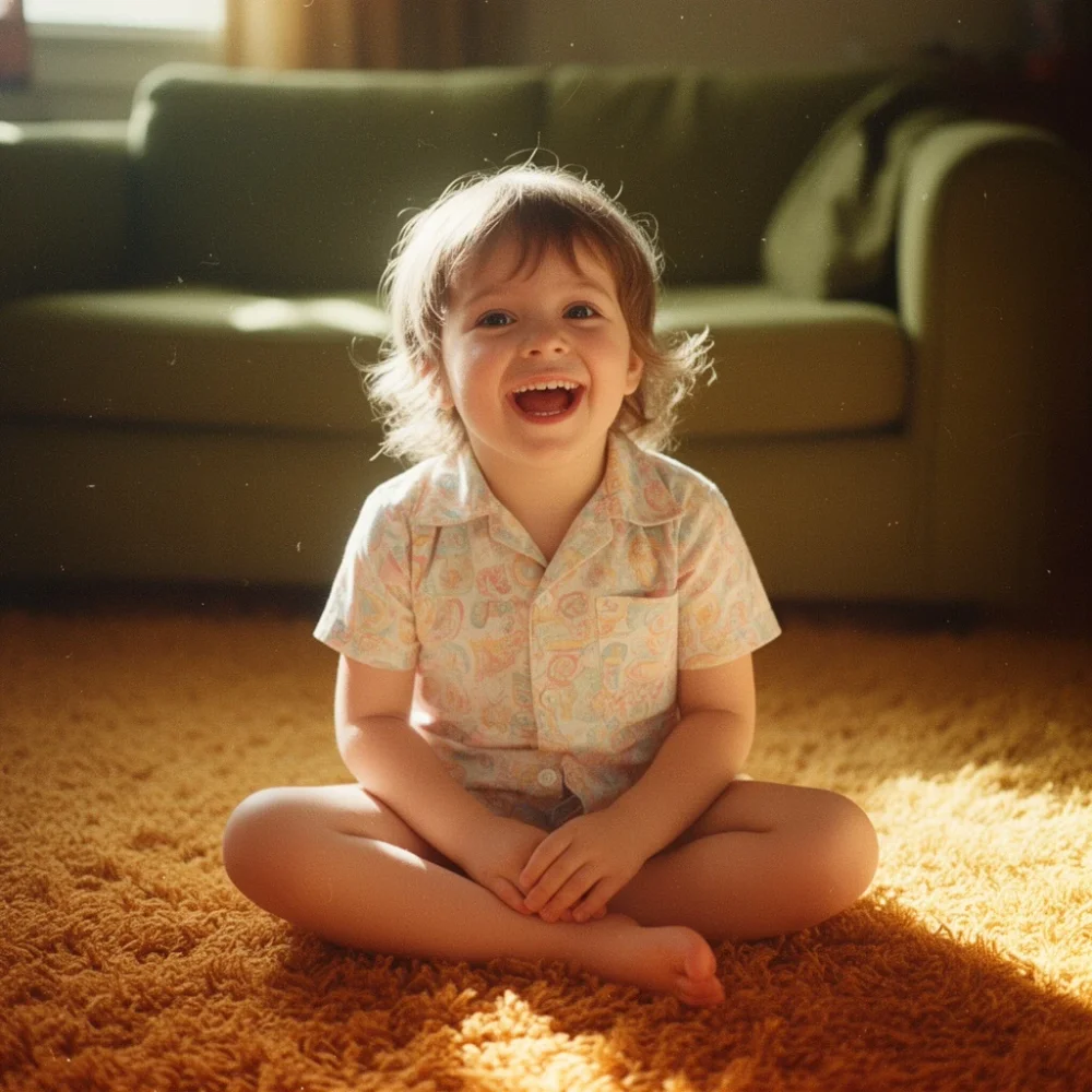A warm 1980s family film photo, soft blur, faded colors, nostalgic grain, imperfect flash lighting, natural candid atmosphere.
