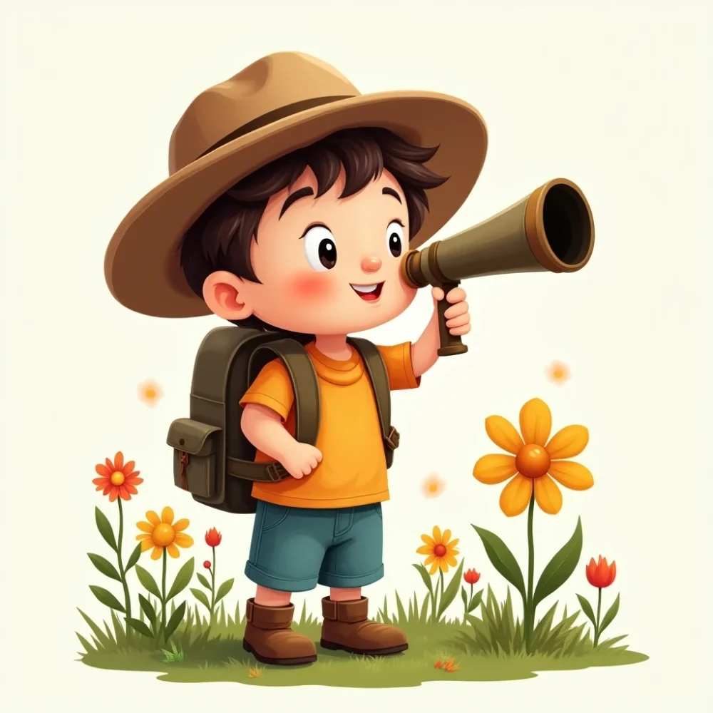 Cute boy with a hat, exploring nature, holding a telescope, backpack, surrounded by flowers, cartoon style, vibrant colors.