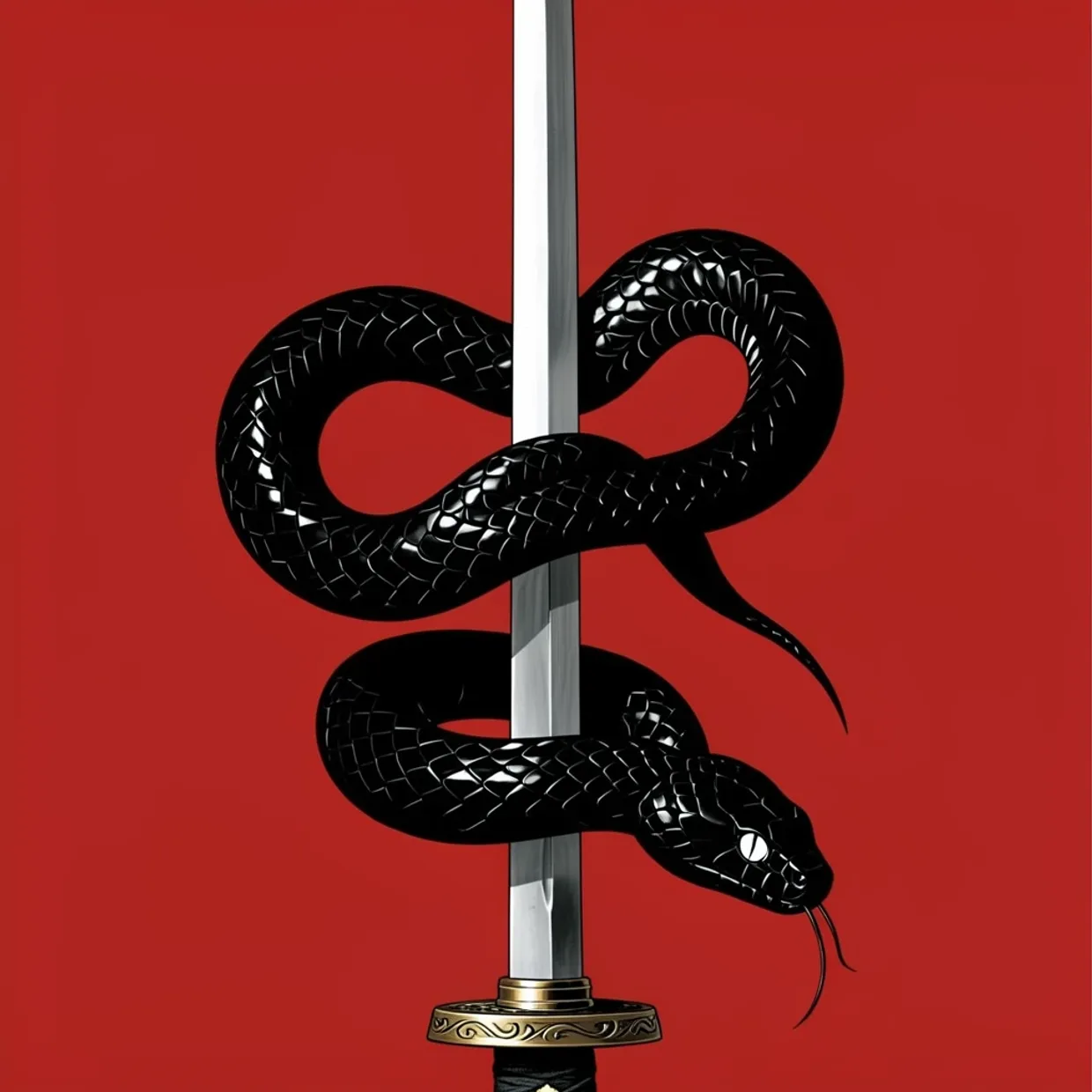 a black snake wraps around the blade of a japanese samurai sword, set against a simple … — Gambar yang dihasilkan oleh API Flux 2 Klein Text-To-Image