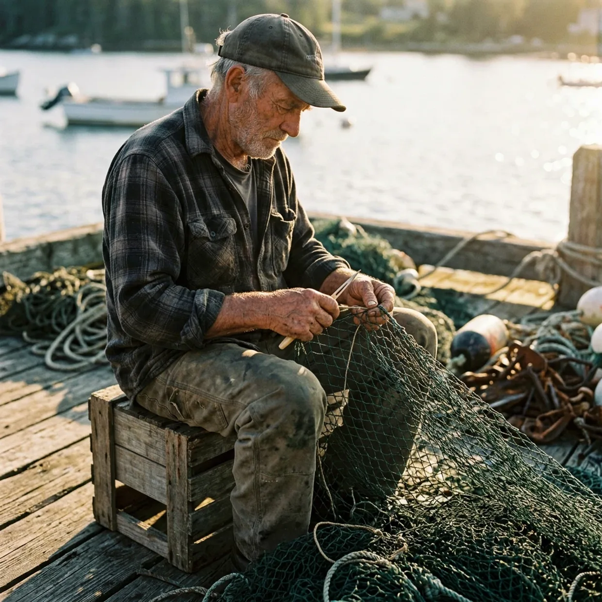 Candid portrait of an elderly fisherman mending a net on a wooden dock at golden hour, … — Image generated by Nano Banana 2.1 Text-To-Image API