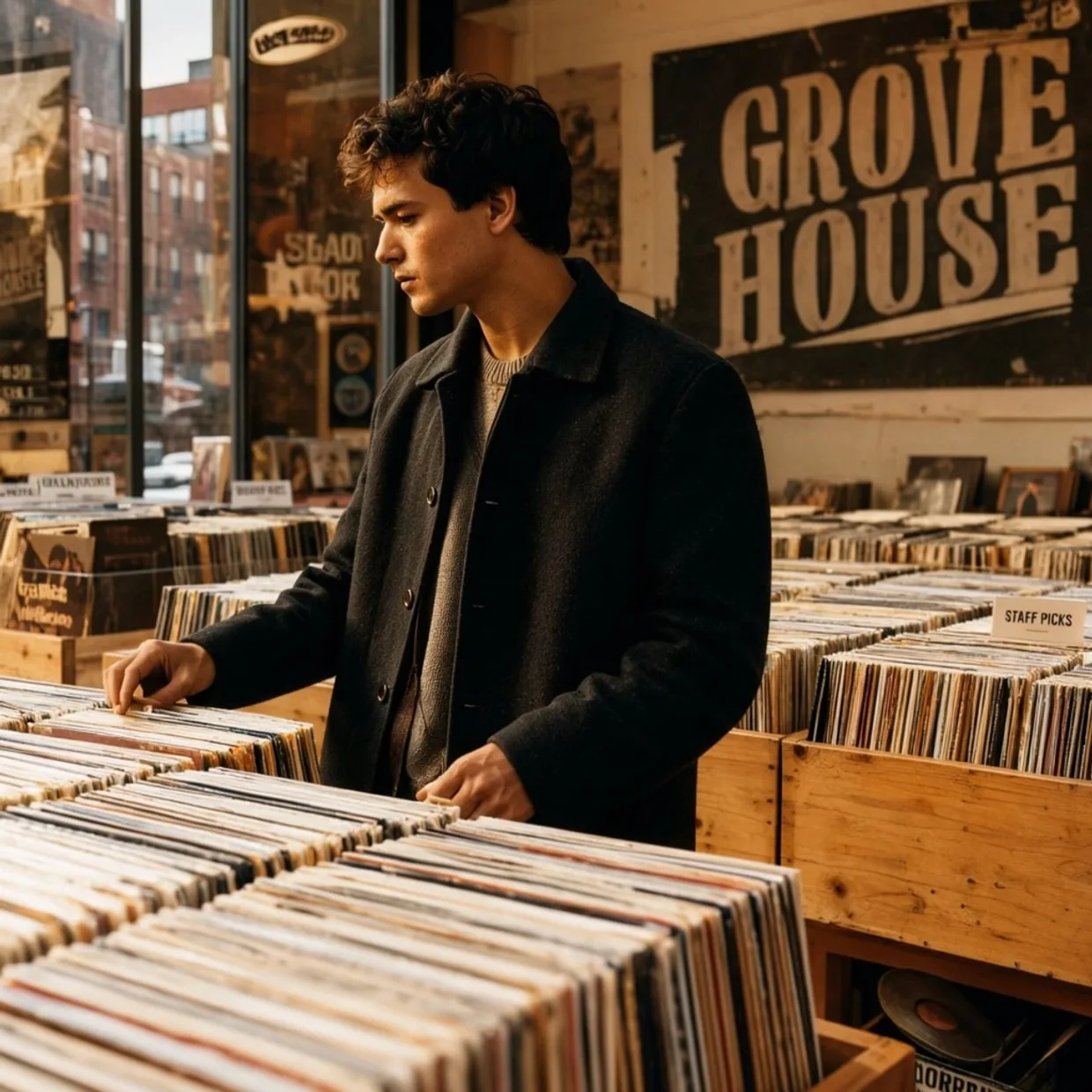 A cinematic editorial photograph of a young man browsing vinyl records in a Brooklyn re… — Image generated by MOSS Image Text-To-Image API