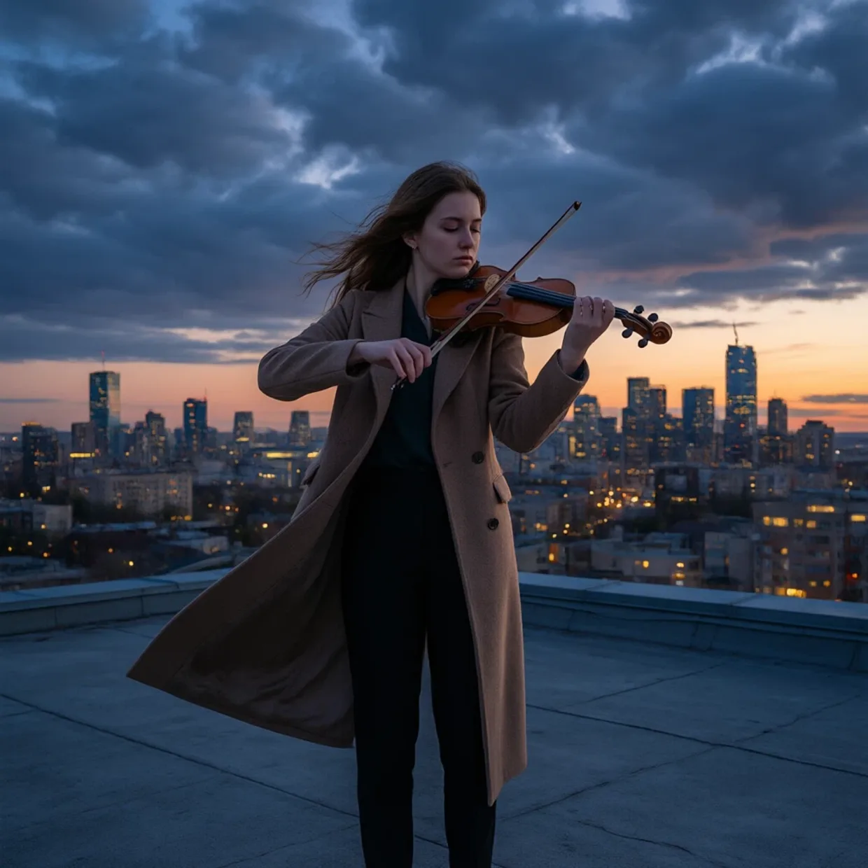 A young violinist performing alone on a rooftop at twilight, city skyline glowing behin… — Gambar yang dihasilkan oleh API Qwen Image 3.0 Text-To-Image