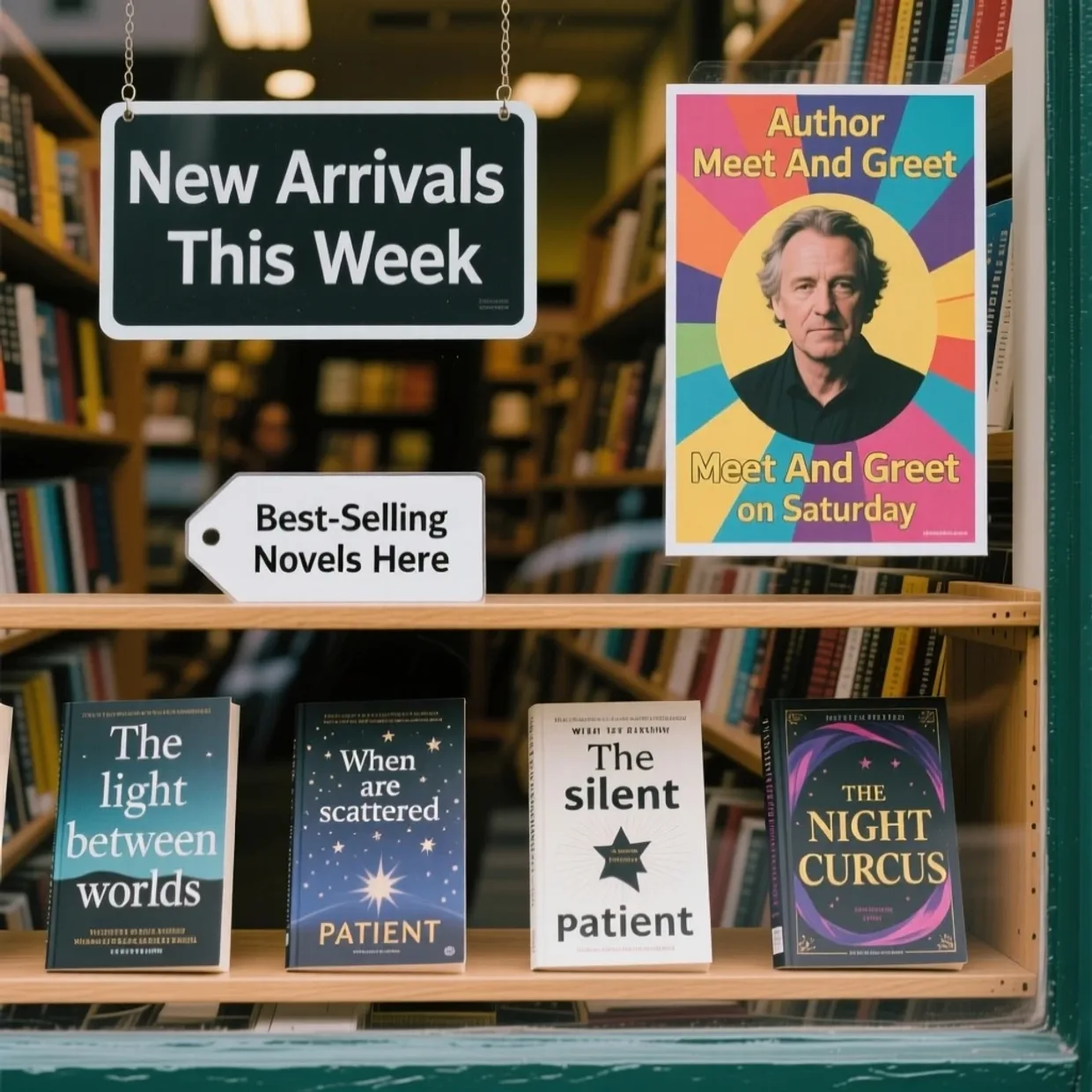 Bookstore window display. A sign displays "New Arrivals This Week". Below, a shelf tag … — Image générée par l’API Qwen Image Text-To-Image