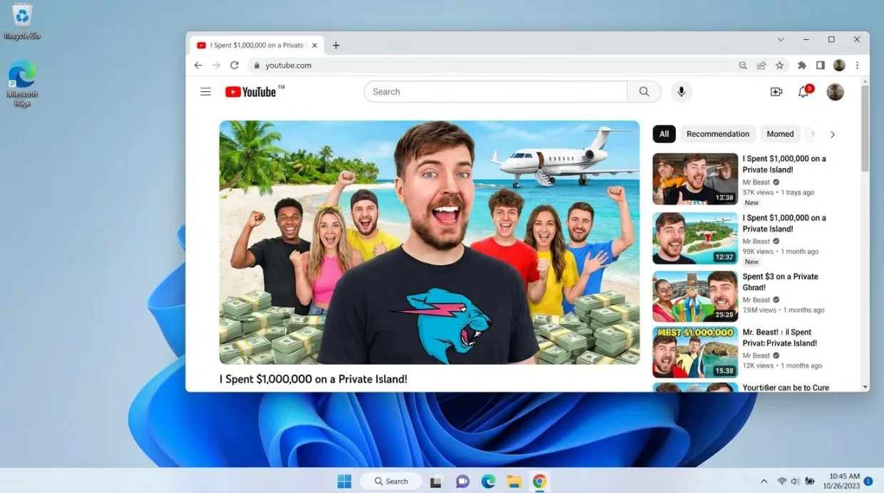 Generate a screenshot of a windows 11 desktop, with google chrome open, showing a YouTu… — Image generated by Nano Banana Pro Text-To-Image API
