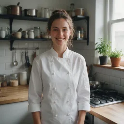 A young foreign female chef standing in a simple kitchen, wearing a clean white chef jacket, friendly confident expression, realistic lifestyle photography, soft indoor lighting, clear face, 9:16