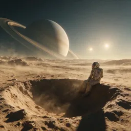 A lone astronaut in a weathered white spacesuit sitting on the edge of a crater on a desert moon, looking up at a gigantic ringed gas giant rising over the horizon, two small suns casting long shadows, fine dust drifting in the air, epic cinematic science fiction photography, ultra detailed
