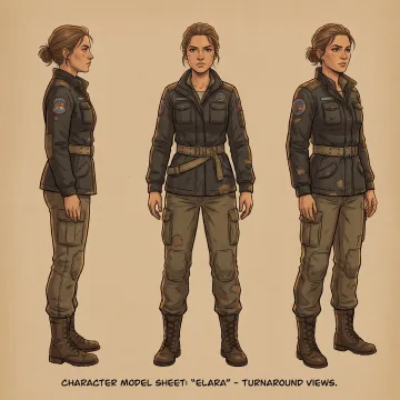 Same female character, 3-angle turnaround (front, side, 3/4), consistent face and lighting, detailed outfit texture, animation design sheet.
