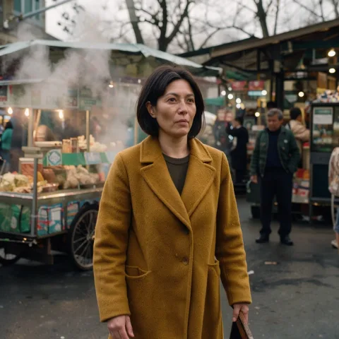 A candid street photograph of a woman in her thirties with short dark hair and a mustard wool coat, walking through a quiet morning market, steam rising from a food cart behind her, soft overcast light, shallow depth of field, 35mm film look.