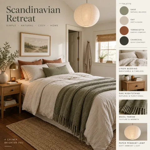 Redesign this bedroom as a cozy Scandinavian retreat and present it as an interior design mood board. Show the redesigned room as the main photo, with a side panel of color swatches (sage, oat, terracotta, charcoal) and small labeled cards: "Linen bedding", "Oak nightstand", "Wool throw", "Paper pendant lamp". Clean editorial layout.