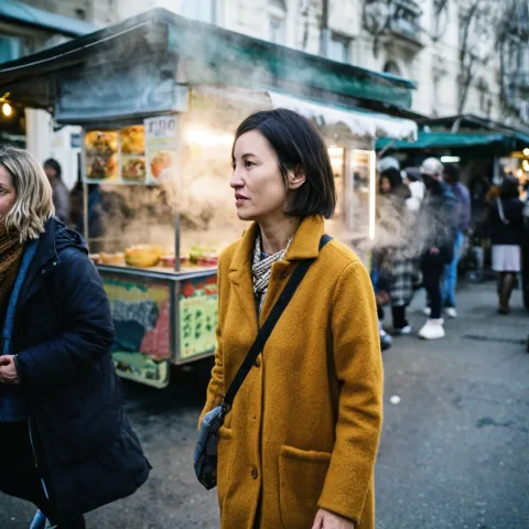A candid street photograph of a woman in her thirties with short dark hair and a mustard wool coat, walking through a quiet morning market, steam rising from a food cart behind her, soft overcast light, shallow depth of field, 35mm film look.