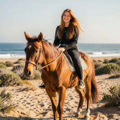 A beautiful girl, 29-35 years old, European-looking, kind, spontaneous, smiling, with long, thick, loose chestnut-colored hair (the hair has a slight reddish tint in the sun), riding a horse, in nature, a sandy landscape, the ocean is visible, and the girl and horse are visible in full growth, 85 mm lens, cinematic lighting, skin with pores and microtexture. 