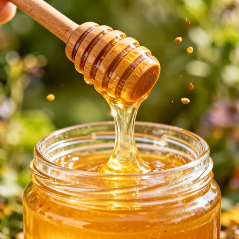 Commercial food photography, extreme macro close-up. A wooden dipper pulling up thick, golden honey from a jar. The honey is translucent and glowing in the sunlight. A few pollen particles floating in the air. Background is a blurred garden. Mouth-watering texture, warm tone, high fidelity, subsurface scattering.