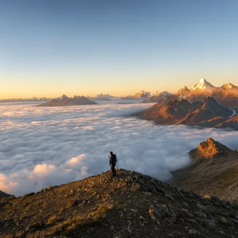 A wide landscape photograph of a lone hiker standing on a ridge above a sea of clouds at sunrise, golden light on distant snow-capped peaks, crisp detail, natural colors.