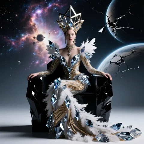 A movie poster blending high fashion and fantasy. A noble queen wears a magnificent conceptual gown made of crystals, feathers, and metallic threads, topped with an exaggerated geometric crown. She sits on a minimalist throne carved from obsidian, against a backdrop of nebulae and fractured planets. The composition mimics a fashion magazine cover, with the character's pose being elegant yet powerful. The lighting is professional studio quality, with hard light for silhouettes and soft light for details, emphasizing the luxurious texture of the attire. The overall feel is avant-garde, elegant, and epic. Inspired by Alexander McQueen's design style, ultra-high resolution, high-fashion photography aesthetic.



