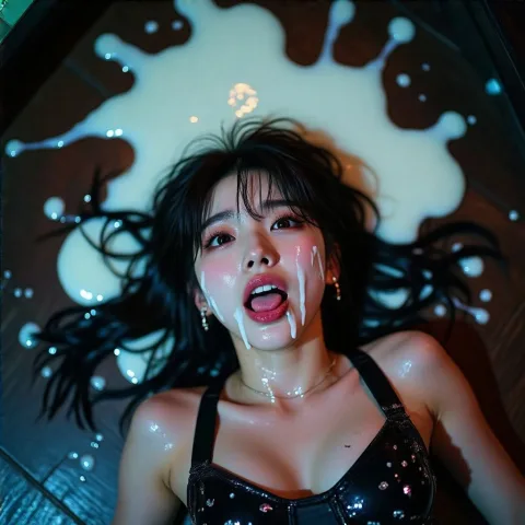 overhead close up view looking down on sweaty kpop star iu lying seductively on floor of dim nightclub with mouth open and tongue sticking out, hair forehead and nose smothered with many streaks of dripping white milk as she looks up at the sky ecstatic