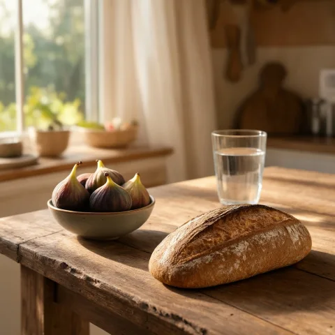 A rustic wooden kitchen table by a window with a freshly baked sourdough loaf, a ceramic bowl of ripe figs and a glass of water, warm morning sunlight casting long soft shadows, shallow depth of field, photorealistic food photography.