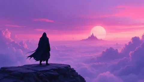An epic fantasy illustration of a cloaked traveler standing on a levitating stone island high in the clouds. His silhouette faces a sky painted with soft violet and crimson hues, with distant floating temples barely visible. The tone is mysterious, majestic, and inspiring.