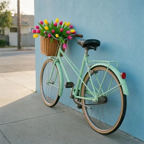 Repaint the bicycle a soft mint green and add a wicker basket full of fresh tulips on the front, keep the blue wall, the street and the lighting unchanged.