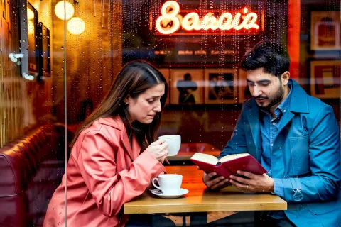 A couple reading books in a tiny café during rainy afternoon, raindrops on window, warm tones, vintage decor, cozy mood, photorealistic