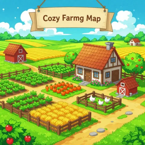 Create a 2D anime-style farm map for a cozy farming game. The map should capture the peaceful and charming atmosphere of rural life in a colorful anime-inspired world. Include the following elements:

Lush green farmland with neatly planted crops (e.g., carrots, tomatoes, wheat)

Wooden fences separating crop plots and animal pens

A small farmhouse with a tiled roof, flower beds, and a chimney

Barns and chicken coops in a traditional Japanese countryside style

Dirt paths connecting areas, with soft shading and some pebbles or grass

Fruit trees (e.g., apple, peach) and wildflowers scattered around the field

A pond or small river with a wooden bridge

Background with soft hills, trees, or a sunrise sky

Optional small animals like cows, chickens, or a dog sleeping in the shade

Optional farmer NPCs walking around or working on the land

Style: Top-down or isometric 2D view

Bright, cell-shaded anime colors, clean lines, and chibi-scale proportions

Make it suitable for a mobile farming simulation game with UI space around the edges

Do not include any text or interface elements. The map should feel like a warm, quiet, and happy countryside life in an anime world.