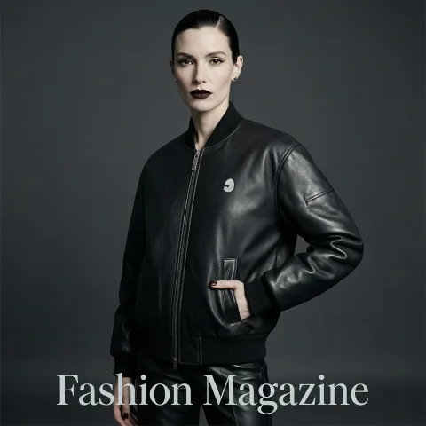 Lookbook photo of a model wearing a [dark leather bomber jacket], minimalist studio, soft side light, confident pose, magazine cover aesthetic, clean backdrop, subtle film grain, high fashion. With a "Fashion Magazine" book name in art word style at the bottom