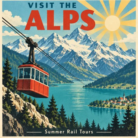 A vintage travel poster in bold mid-century screen print style showing a red cable car climbing over a turquoise alpine lake with snowy peaks, sunburst sky, clean flat shapes and grain texture, headline text at the top reading "VISIT THE ALPS" and small text at the bottom reading "Summer Rail Tours"