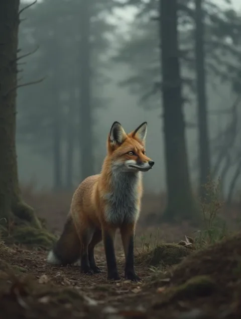 a red fox standing quietly in a foggy forest, early morning light, soft shadows, cinematic atmosphere, depth of field, ultra detailed fur, natural colors, no humans


