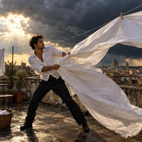 A handsome young Mediterranean man standing on the rooftop of an old apartment building just before a storm, wearing a loose white shirt and dark trousers, struggling to pull a huge white bedsheet from a clothesline as powerful wind turns it into a sail around him, dramatic dark clouds approaching behind the city skyline, warm sunlight breaking through one gap in the clouds, poetic cinematic realism, expressive full-body action.