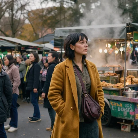 A candid street photograph of a woman in her thirties with short dark hair and a mustard wool coat, walking through a quiet morning market, steam rising from a food cart behind her, soft overcast light, shallow depth of field, 35mm film look.